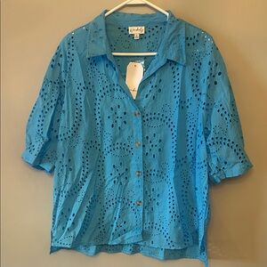 Wonderly Turquoise Eyelet Button-Down Short Sleeve Shirt, Size XL